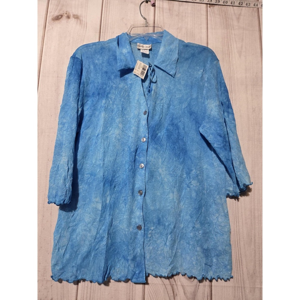 Caren Sport Shirt Womens XL Blue Crinkle Button Front 3/4 Sleeve Tunic‎ Made USA